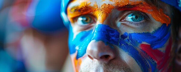 Close up of a fans face painted in team colors