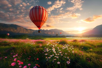 Capture a picturesque scene of a majestic hot air balloon floating serenely over a vibrant field of wildflowers bathed in the golden light of sunrise. Utilize a wide-angle perspective to showcase the