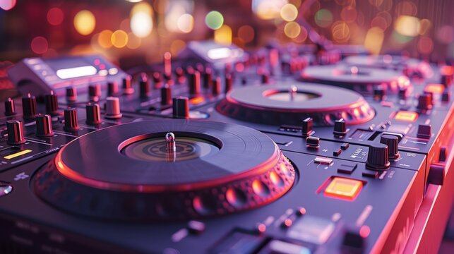 A dj mixer with a turntable and a crossfader in a nightclub with a blurred background