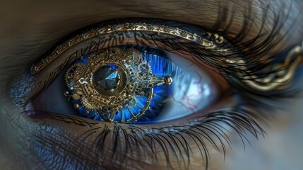 A closeup of an eye with gold and blue details, adorned in the style of futuristic glamour, featuring mechanical structures.