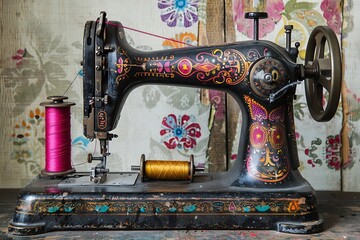 Classic cast-iron sewing machine with spools of vibrant thread and a partially completed garment, showcasing the art of textile creation.