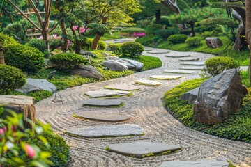 Stone walkway in the park Serene landscape with trees, grass and flowers.