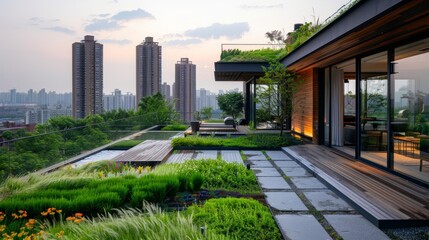 A modern rooftop garden with a view of the city