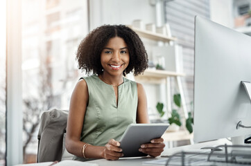 Happy, portrait and black woman with tablet for business, research or data at office desk. Young...