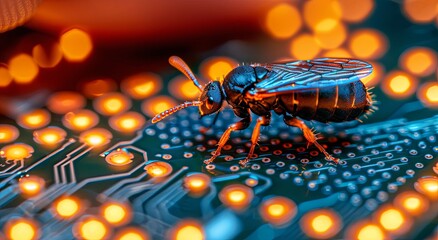A wasp on a circuit board with a glowing orange background.