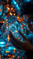 A glowing blue and orange futuristic interface in the palm of a person's hand.