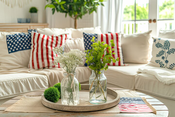 Home decoration in honor of Independence Day or Memorial Day. The room decorated with American flag pillows. American patriotic theme.