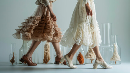 Close-Up of Mushroom Mycelium Shoes & Matching Skirts in Fashion Composition