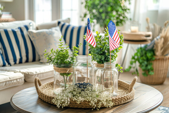 Home decoration in honor of Independence Day or Memorial Day. The room decorated with American flag pillows. American patriotic theme.
