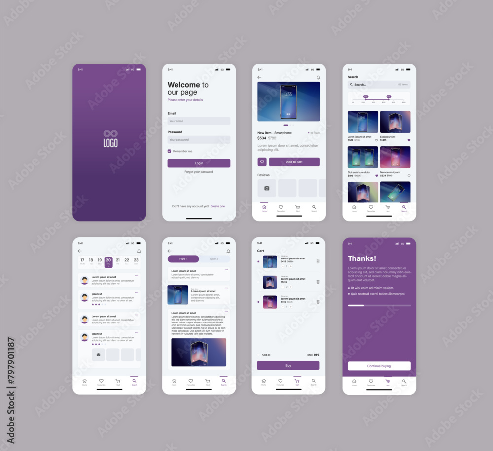 Poster smartphone ui app. phone screens for shop application. mobile interface with account login and shopp
