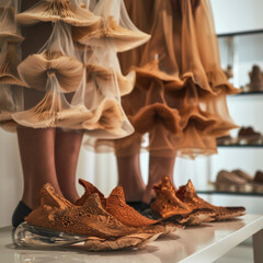 Close-Up of Mushroom Mycelium Shoes & Matching Skirts in Fashion Composition