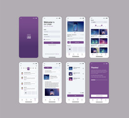 Smartphone UI app. Phone screens for shop application. Mobile interface with account login and shopping cart. Screenshots responsive website mockups.
