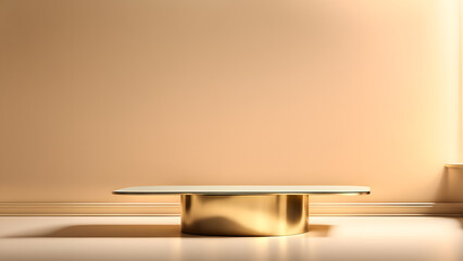 A gold table sits in front of a white wall