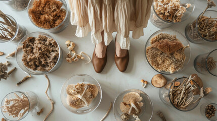 Overhead Shot of Woman in Mushroom Mycelium Ensemble on Contemporary Surface
