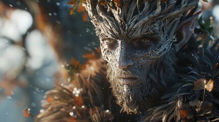A realistic 3D render of a male forest spirit with bark-like skin and leaves in his hair