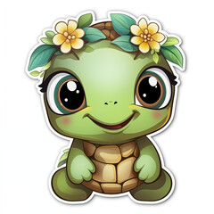 Sticker, Adorable Turtle with a Flower Crown, kawaii, contour, vector, white background