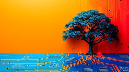 A stark blue tree on an orange and blue circuit board creating a contrast of technology and nature