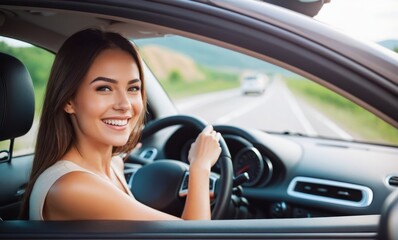 Naklejka premium Potrait of a beautiful Smiling woman driving a car. Young traveler driving. Car travel, lifestyle concept