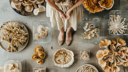 Woman Wearing Mycelium Fiber Skirt & Shoes, Surrounded by Glass Jars