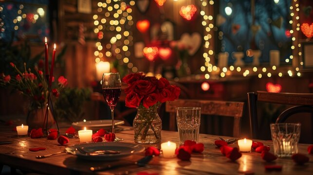 A romantic candlelit dinner table with a vase of red roses and two glasses of red wine for Valentine's Day.