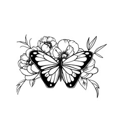 Floral batterfly black and white cut file Generative AI