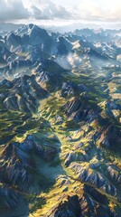 Geographical survey, mountain range, detailed textures, early light, top-down high detail,