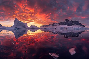 Dramatic arctic seascape at dusk, featuring majestic icebergs floating in a calm sea, with a fiery sky reflected in the water, captured in a wide-angle photograph.