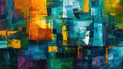 Abstract painting with a vibrant color palette of green, blue, orange and yellow, acrylic paint on canvas, in the modern art style with geometric shapes and lines