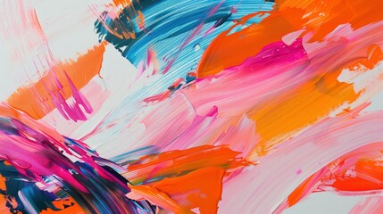 Abstract painting with thick brush strokes and neon orange, pink, blue color palette. White background