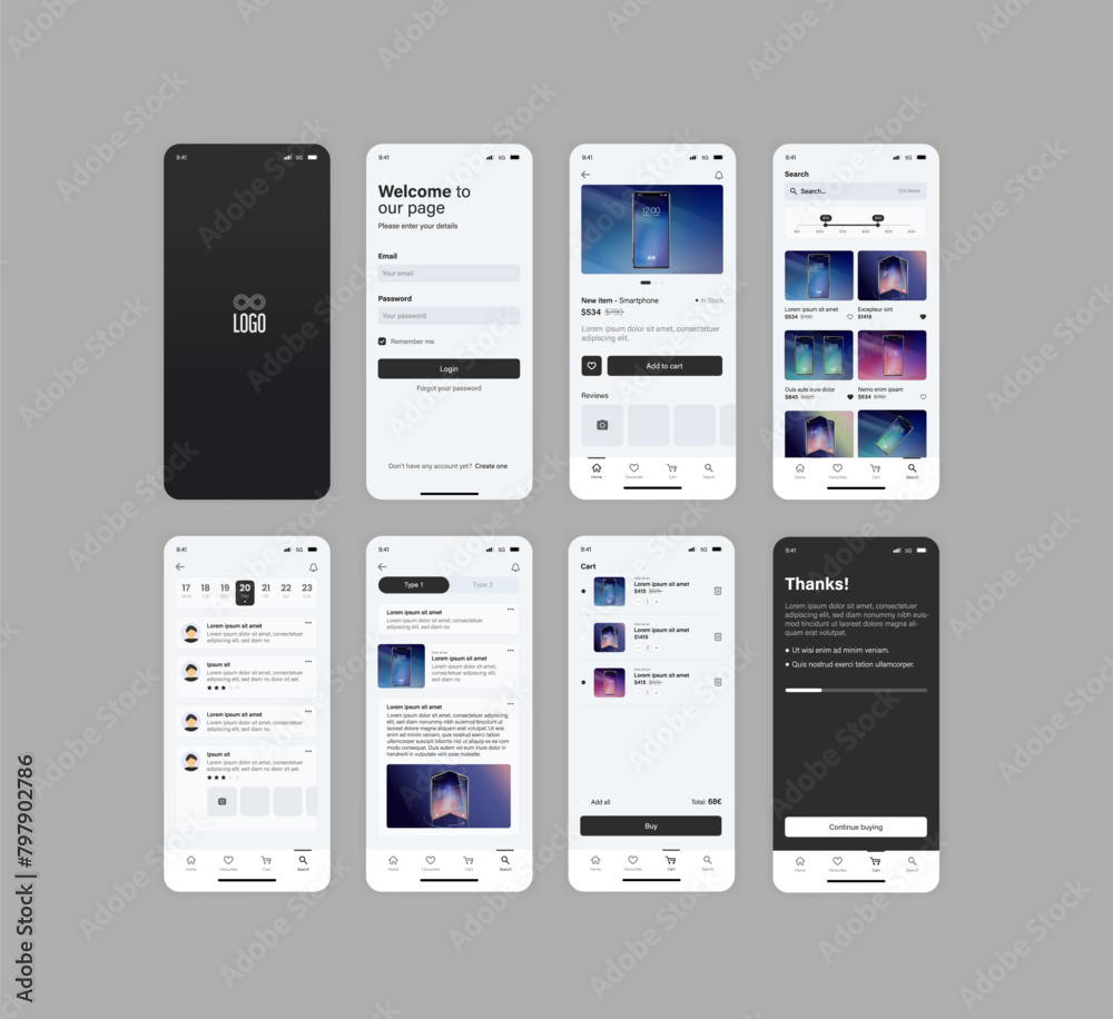 Wall mural smartphone ui app. phone screens for shop application. mobile interface with account login and shopp