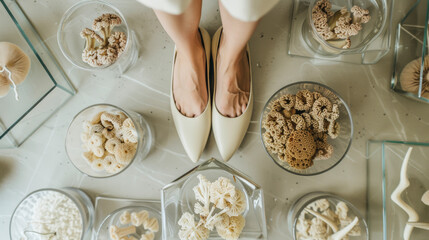  Overhead Shot of Woman in Stylish Mycelium Leather Heels on Clean Surface