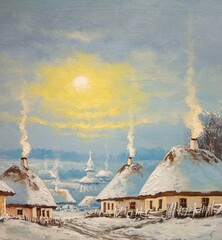 Oil rural paintings landscape, artwork, fine art, landscape with trees and snow, old village, road in the village, old huts