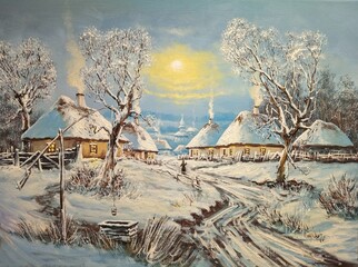 Oil rural paintings landscape, artwork, fine art, landscape with trees and snow, old village, road in the village, old huts