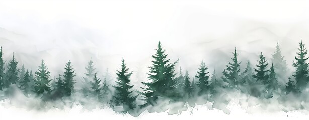 Obraz premium Watercolor forest landscape banner with misty green pine trees on white background.