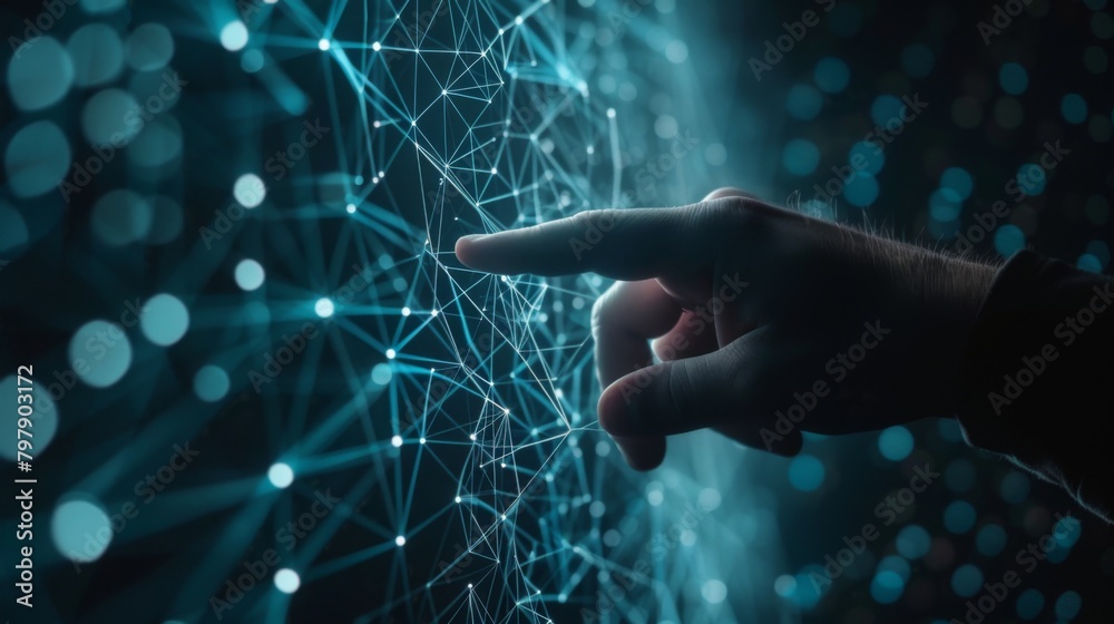 Fototapete Businessman hand touching of digital data network transformation for next generation technology on cyberspace, Internet network and digital software development, Algorithm, Metaverse and data science.