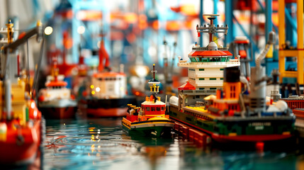 harbor with ships unloading cargo of lego style