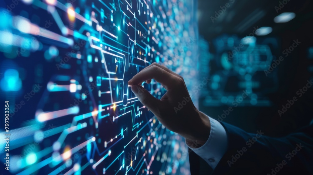 Leinwandbilder Businessman hand touching of digital data network transformation for next generation technology on cyberspace, Internet network and digital software development, Algorithm, Metaverse and data science.