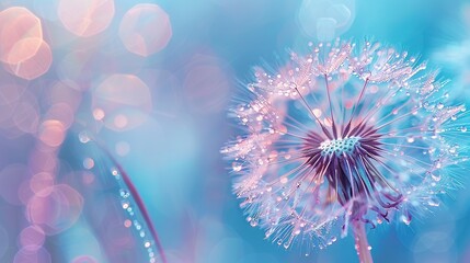 A dandelion gone to seed with a blurred background in shades of blue.

