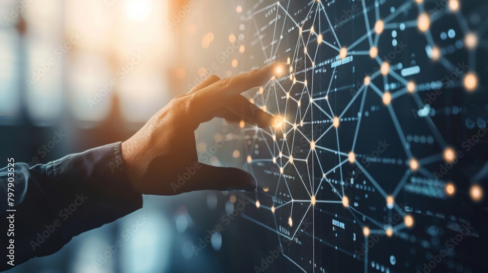Fototapete Businessman hand touching of digital data network transformation for next generation technology on cyberspace, Internet network and digital software development, Algorithm, Metaverse and data science.