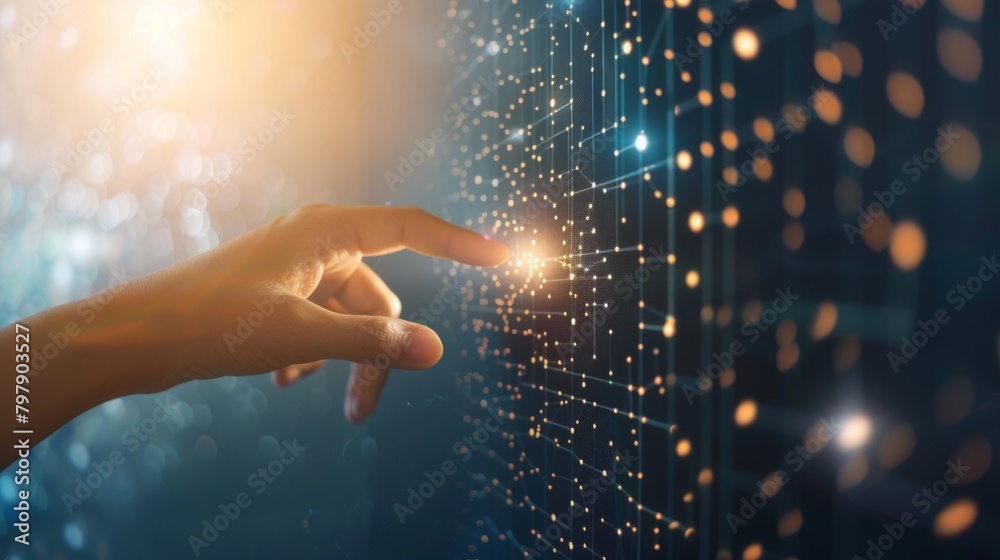 Fototapete Businessman hand touching of digital data network transformation for next generation technology on cyberspace, Internet network and digital software development, Algorithm, Metaverse and data science.