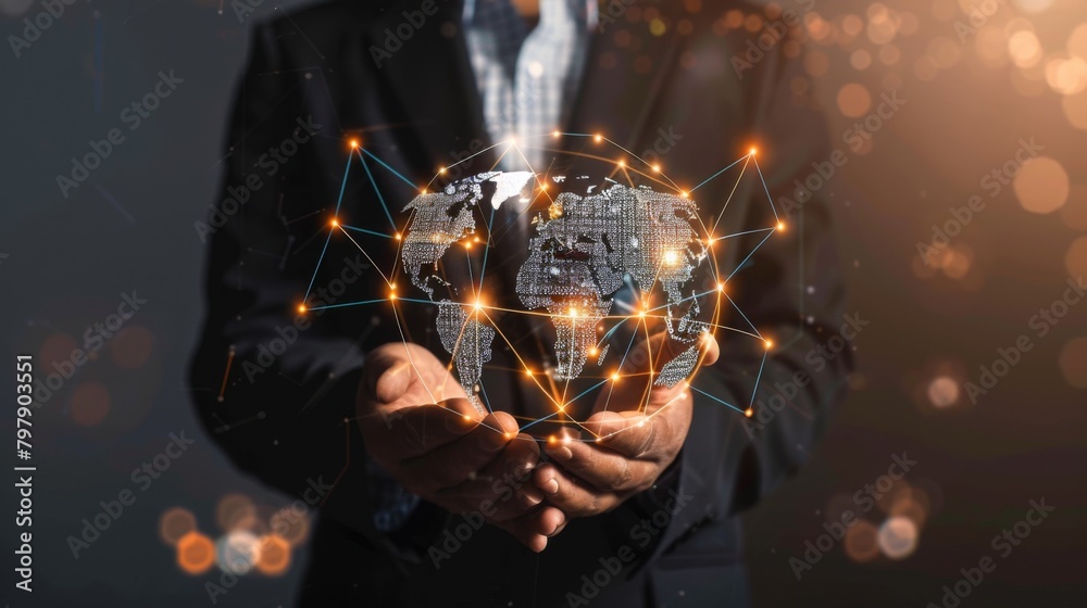 Poster businessman holding Global network connection. Big data analytics and business intelligence concept. World map point and line composition concept of global business.Digital link tech.