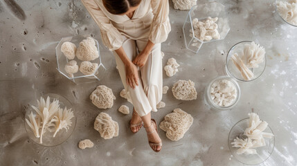 Overhead Shot of Woman in Mycelium Leather Heels with Surrounding Samples