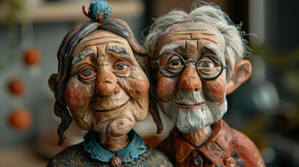 An elderly couple, lovingly handcrafted from clay, share a tender moment, their faces etched with a lifetime of shared joys and weathered by the passage of time.