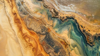 Aerial view of an abstract desert landscape, with swirling patterns and natural shapes in the sand. The colors include earthy browns, deep greens from trees, and hints of blue