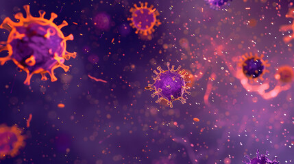 Fototapeta premium Purple background with orange cells and purple colored virus shapes 