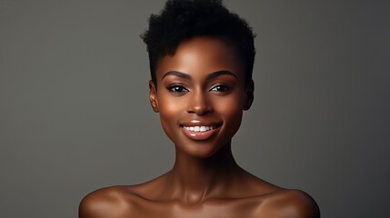 Beautiful, sexy, happy smiling dark-skinned African American woman with perfect skin and short...