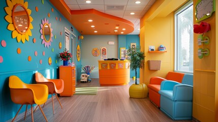 An image of a colorful and inviting pediatric dental office. The walls are painted in bright colors, and there are colorful chairs and toys in the waiting area.