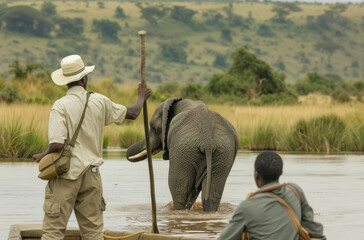 A group of people in canoes on the Chutedi motor boat, watching an elephant wade through water with its trunk raised above its head and legs up to cross over it.