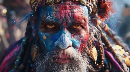 An old man with face paint and dreadlocks stares at the camera. - obrazy, fototapety, plakaty
