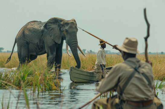 A group of people in canoes on the Chutedi motor boat, watching an elephant wade through water with its trunk raised above its head and legs up to cross over it.